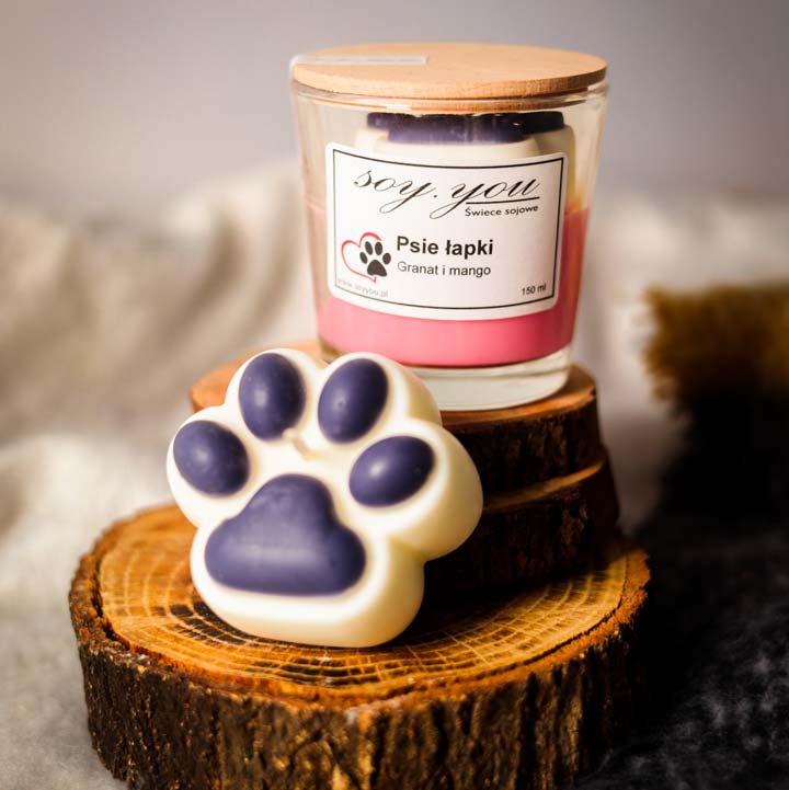 Zestaw Świeca sojowa - psie łapki w szkle + psia łapka