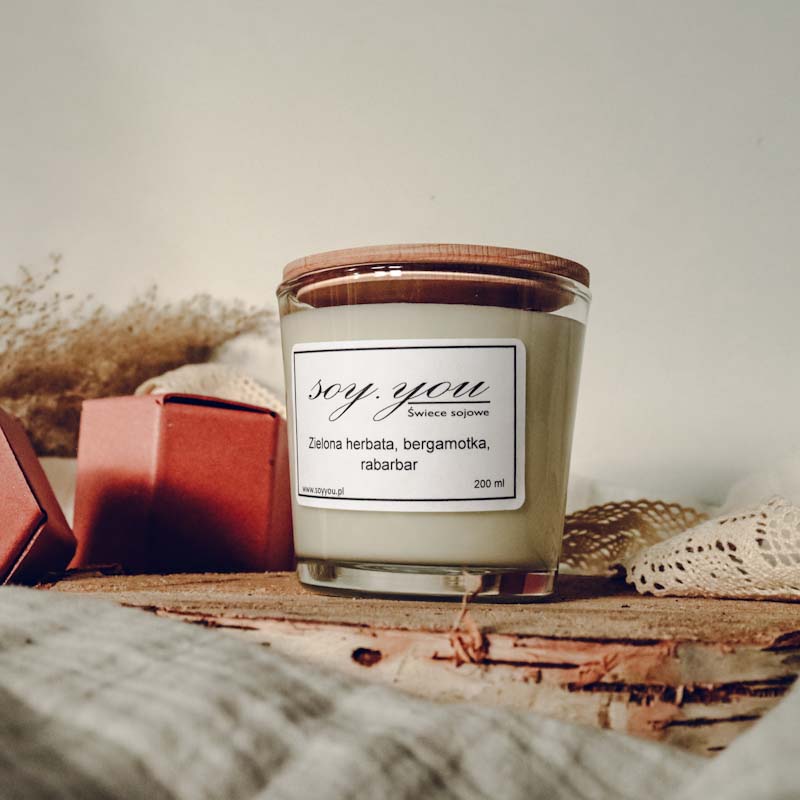 Świeca sojowa - zielona herbata, bergamotka, rabarbar 200 ml